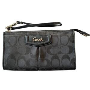 Coach Black Signature Jacquard Wristlet Slim Wallet Script‎ Logo Silver Hardware
